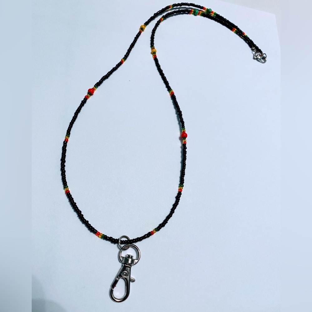 Black Seed Bead Lanyard Necklace with Red and Green Accents